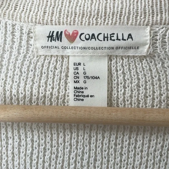 H&M Coachella Cadigan Kimono poncho Cream Knit Embroidered Fringe Sleeve Boho L - Picture 4 of 9
